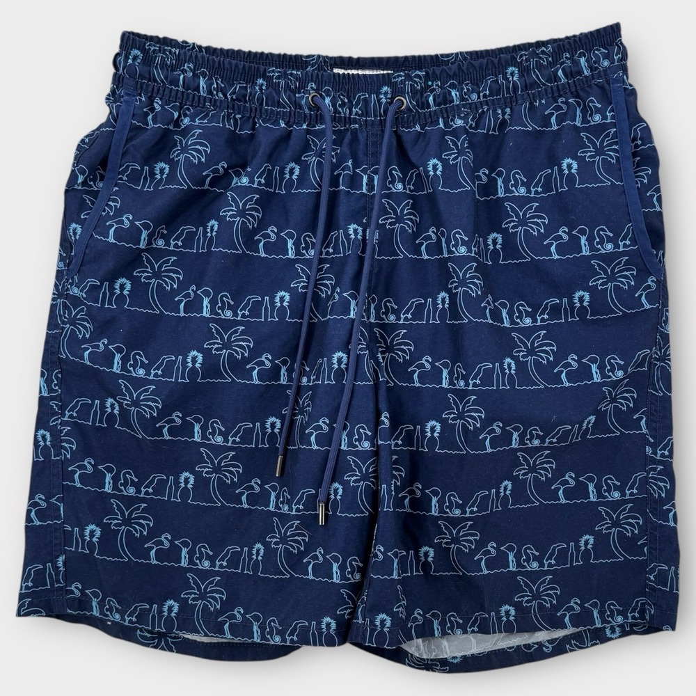 Beach Bros Swim‎ Trunks Mens Large Blue Board Shorts Lined Flamingo Birds Floral